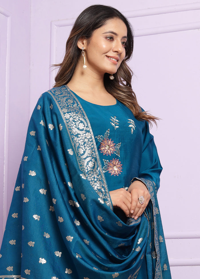 3 Pc Blue Readymade Silk Suit Set - Indian Silk House Agencies