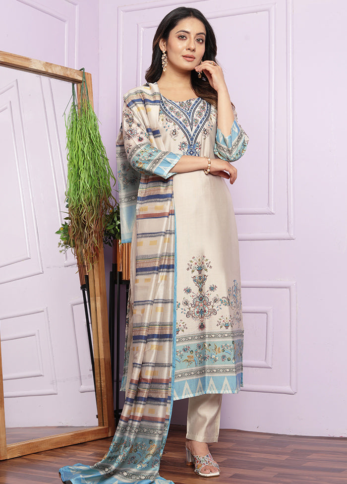 3 Pc Cream Readymade Silk Suit Set - Indian Silk House Agencies