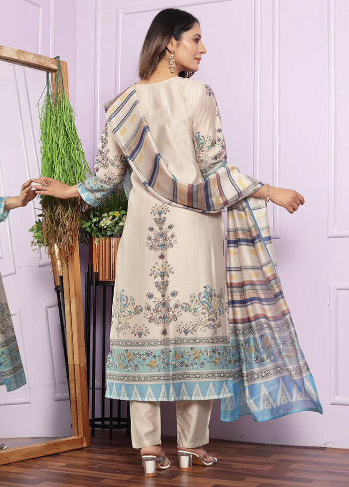 3 Pc Cream Readymade Silk Suit Set - Indian Silk House Agencies