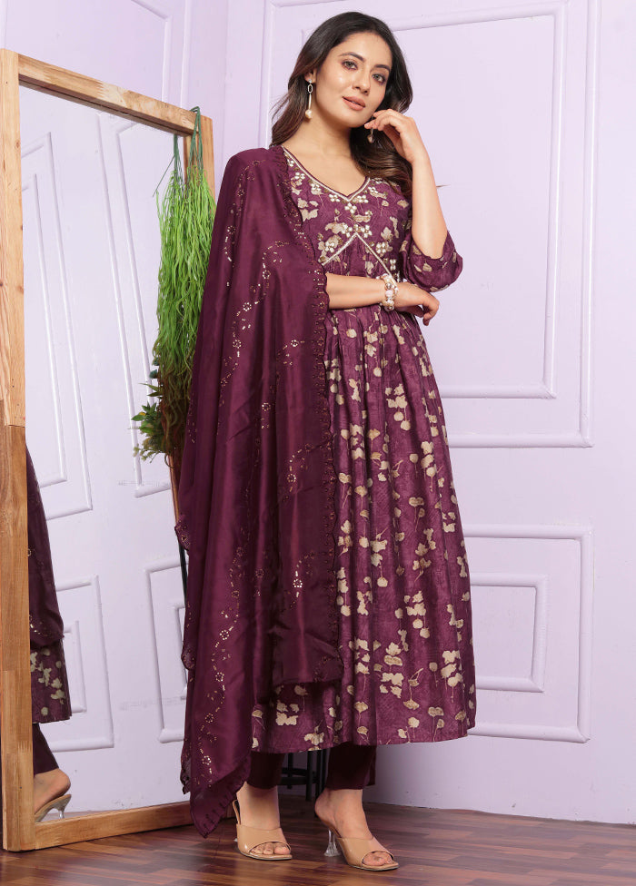 3 Pc Purple Readymade Silk Suit Set - Indian Silk House Agencies