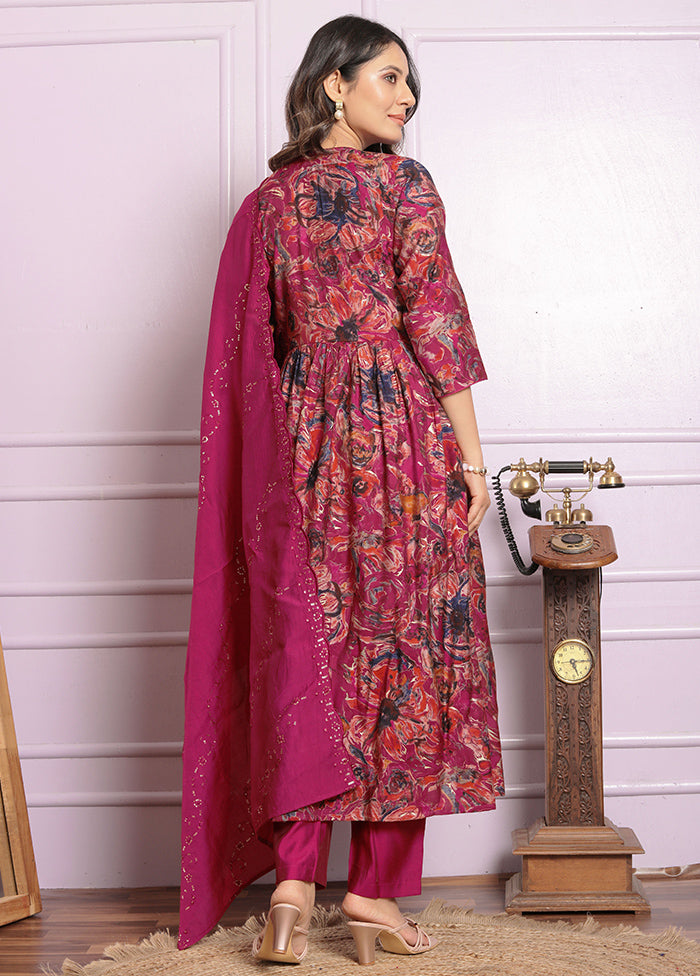 3 Pc Maroon Readymade Silk Suit Set - Indian Silk House Agencies