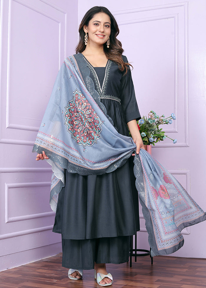 3 Pc Grey Readymade Viscose Suit Set - Indian Silk House Agencies