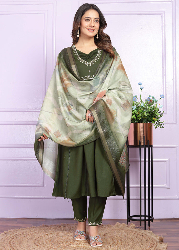 3 Pc Mehendi Green Readymade Viscose Suit Set