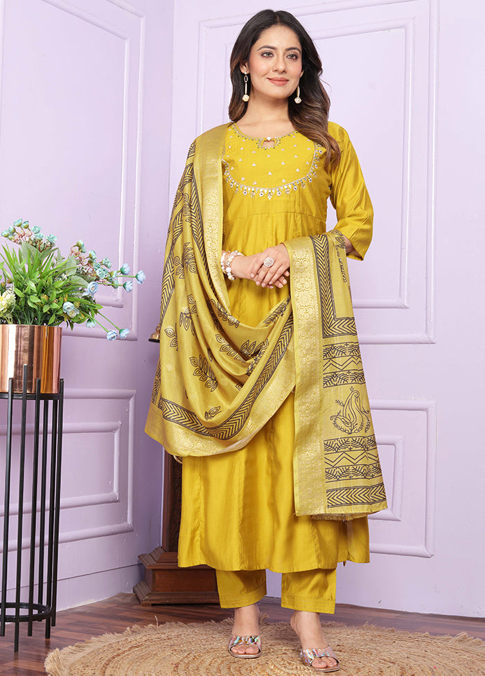 3 Pc Yellow Readymade Silk Suit Set - Indian Silk House Agencies