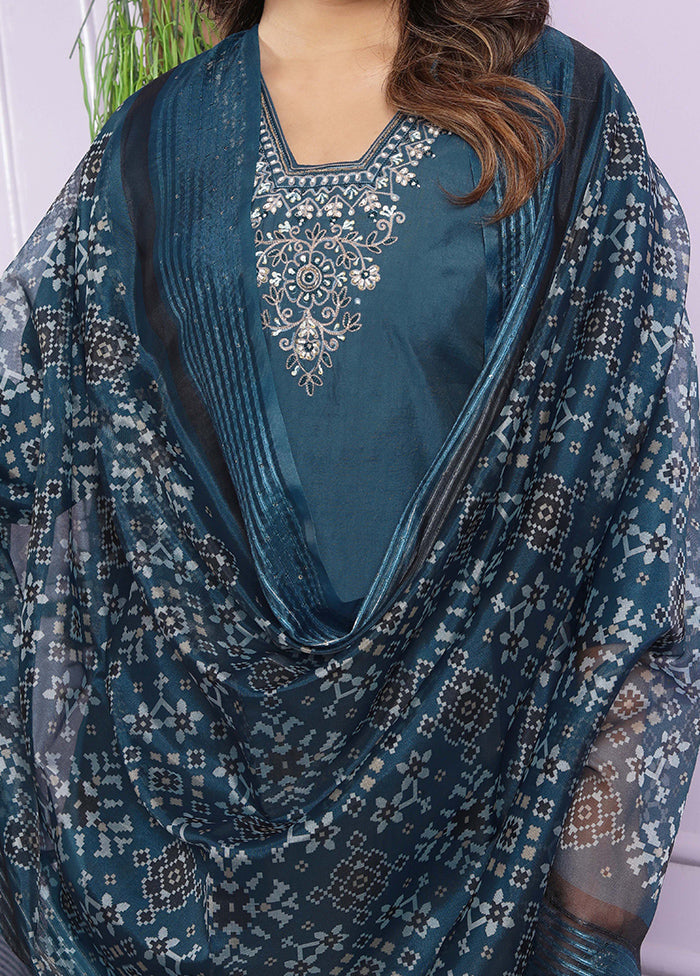 3 Pc Blue Readymade Silk Suit Set - Indian Silk House Agencies