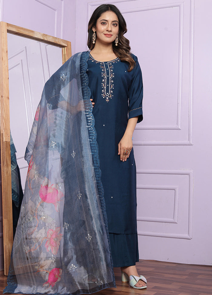 3 Pc Blue Readymade Silk Suit Set - Indian Silk House Agencies