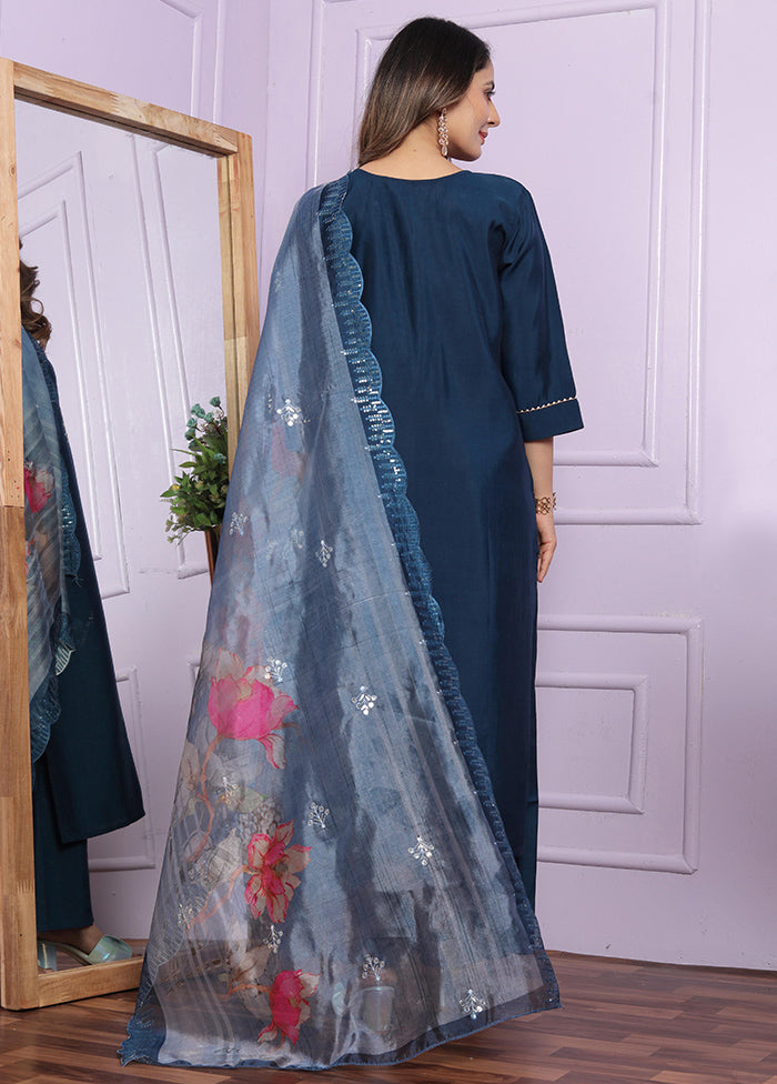 3 Pc Blue Readymade Silk Suit Set - Indian Silk House Agencies