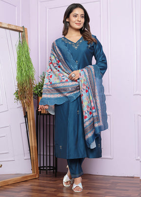 3 Pc Blue Readymade Viscose Suit Set - Indian Silk House Agencies