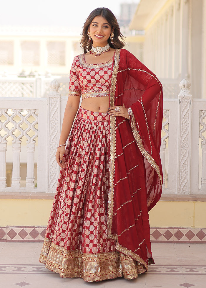 3 Pc Red Viscose Semi Stitched Lehenga Set