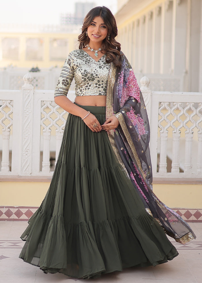 3 Pc Mehendi Georgette Semi Stitched Lehenga Set