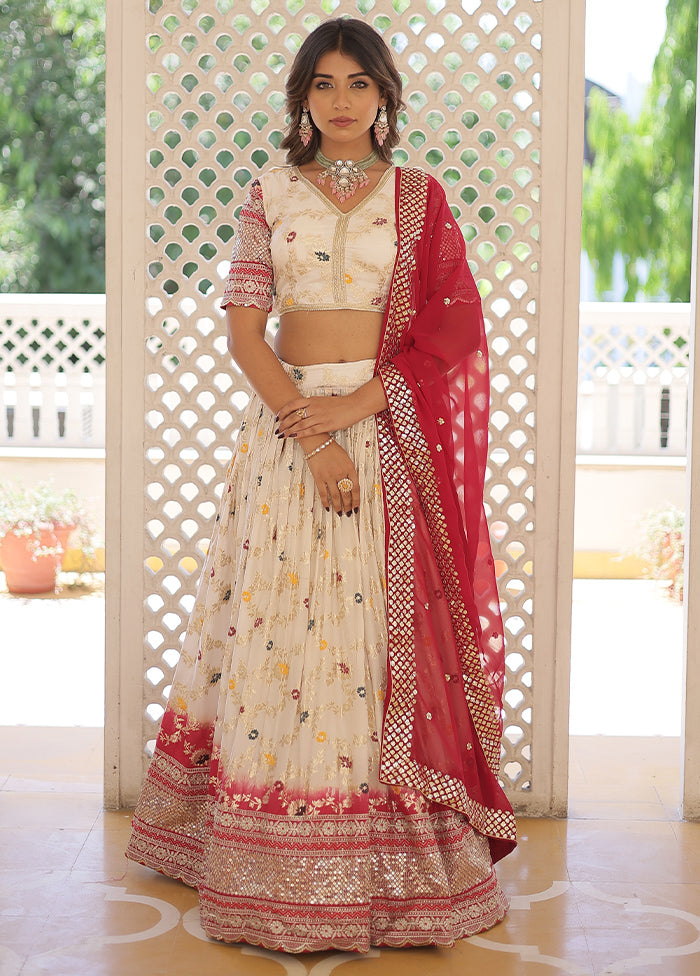 3 Pc Cream Viscose Semi Stitched Lehenga Set