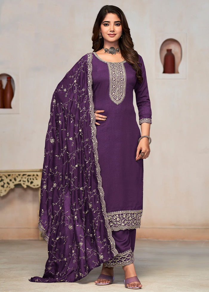 3 Pc Purple Pure Semi Stitched Silk Suit Set