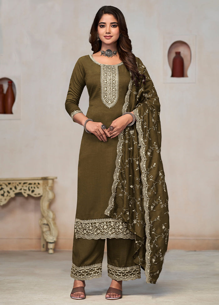 3 Pc Mehendi Pure Semi Stitched Silk Suit Set