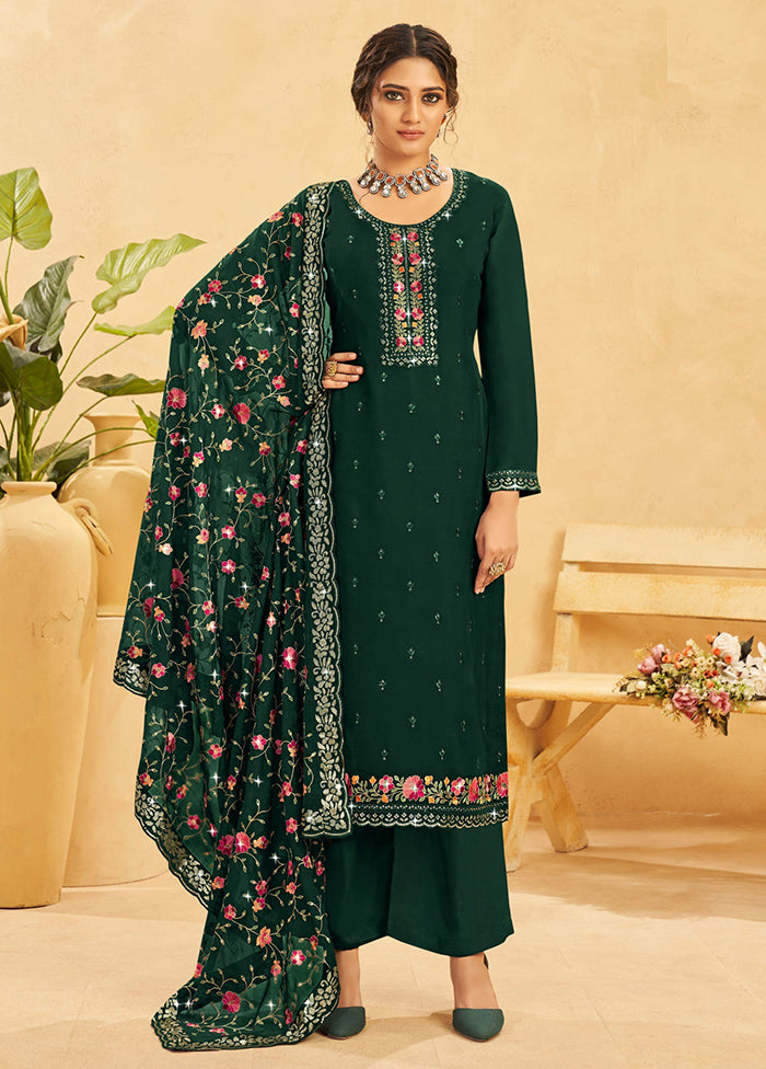 3 Pc Dark Green Semi Stitched Real Organza Suit Set