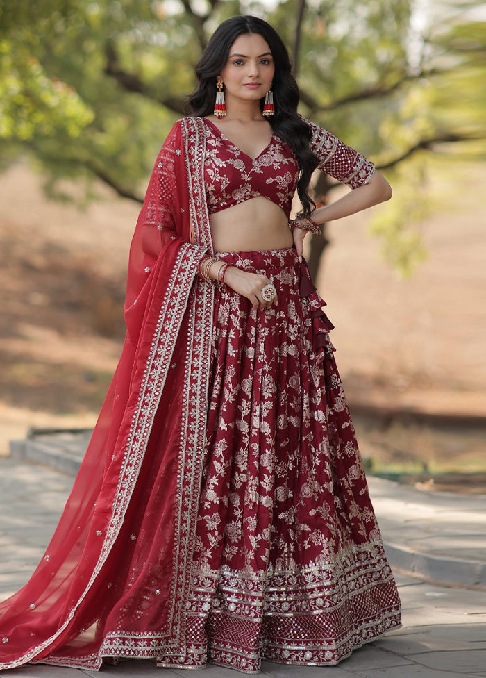 3 Pc Maroon Pure Viscose Semi Stitched Lehenga Set