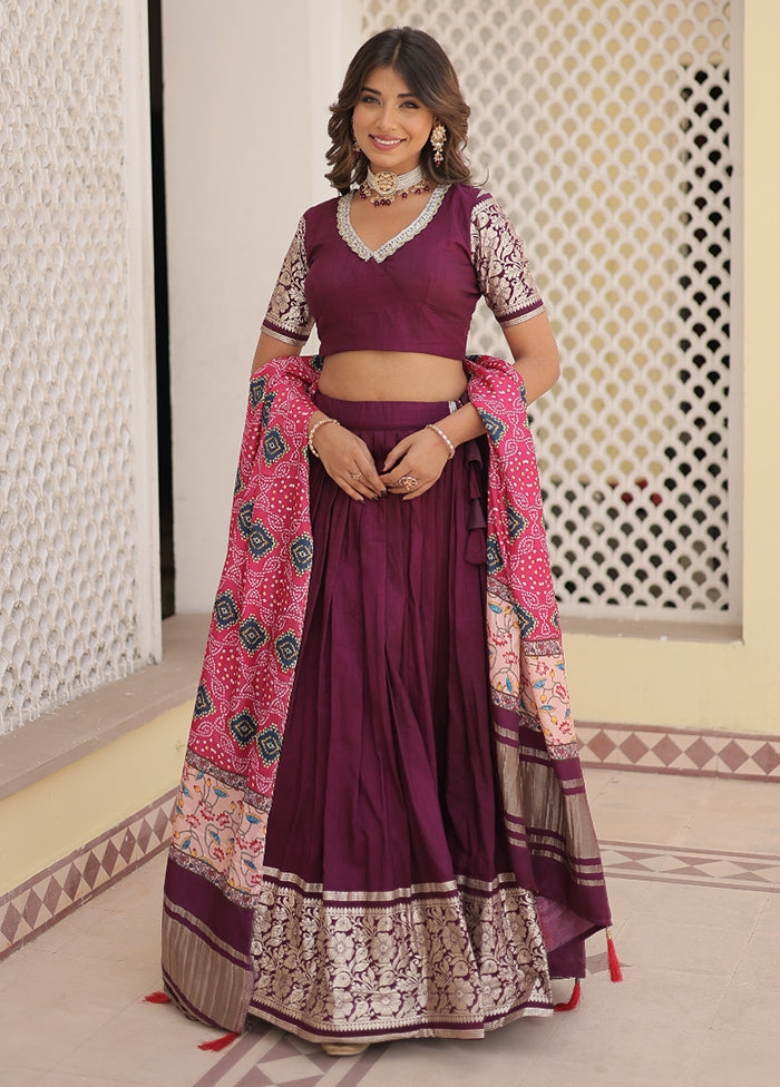 3 Pc Wine Viscose Semi Stitched Lehenga Set