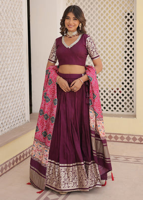 3 Pc Wine Viscose Semi Stitched Lehenga Set