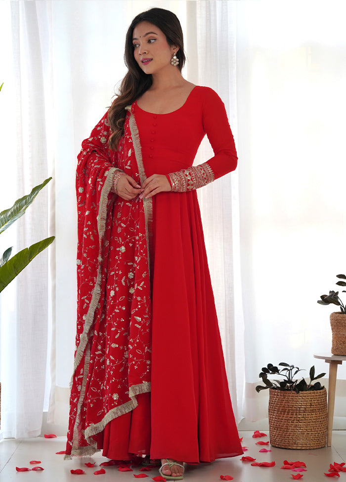 3 Pc Red Pure Readymade Georgette Suit Set