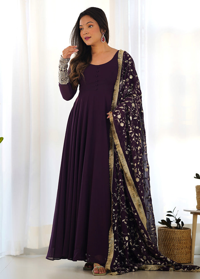 3 Pc Purple Pure Readymade Georgette Suit Set