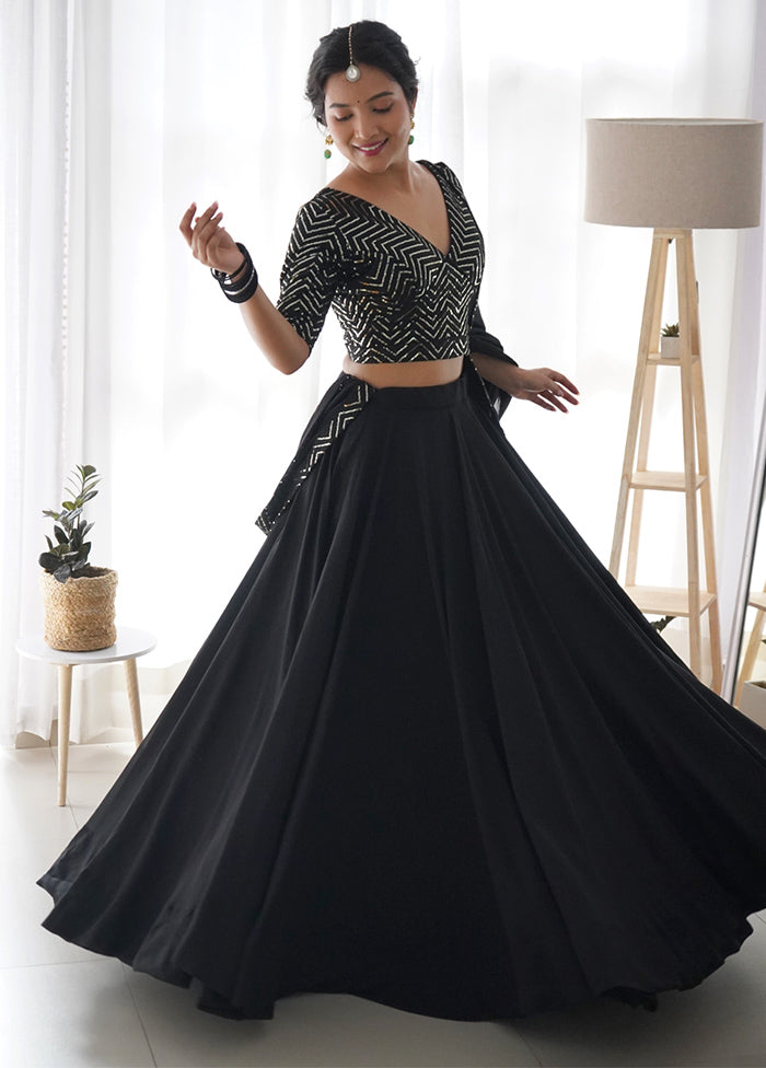 3 Pc Black Georgette Semi Stitched Lehenga Set