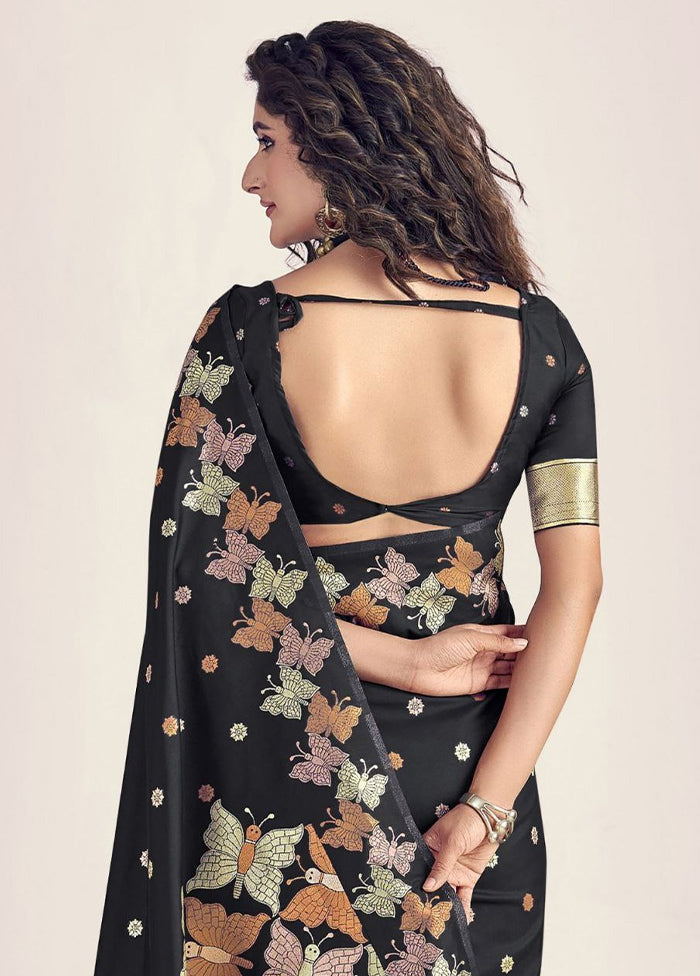 Black Spun Silk Saree With Blouse Piece