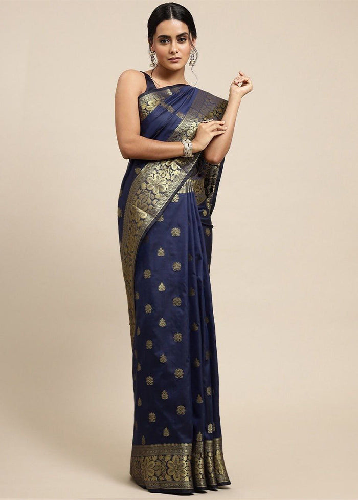 Navy Blue Banarasi Silk Saree With Blouse Piece