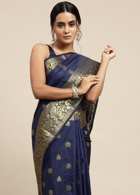 Navy Blue Banarasi Silk Saree With Blouse Piece