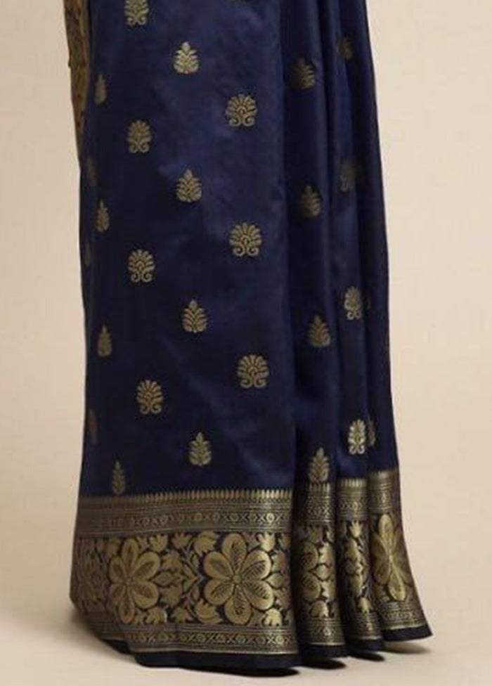 Navy Blue Banarasi Silk Saree With Blouse Piece