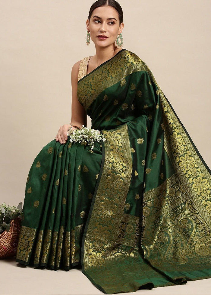 Dark Green Banarasi Silk Saree With Blouse Piece