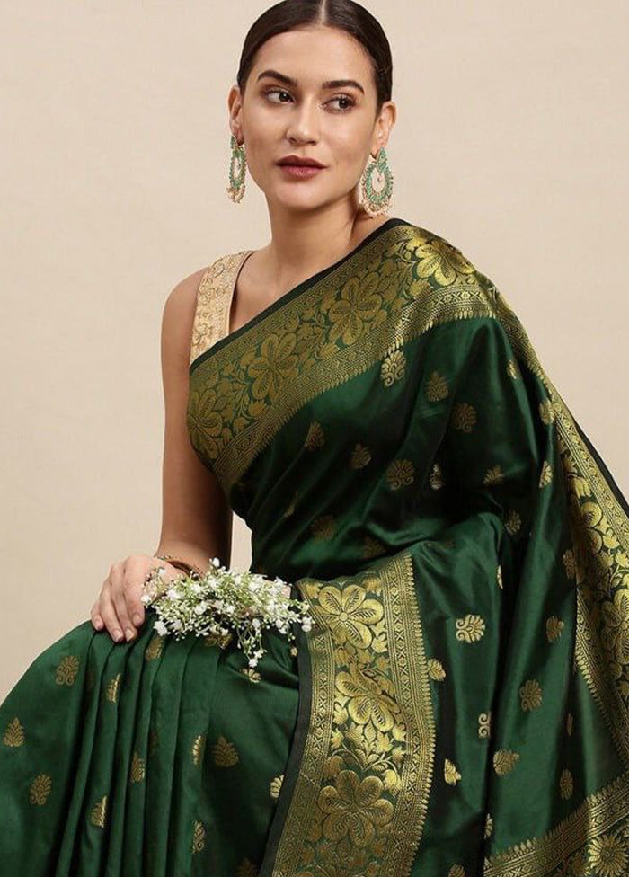 Dark Green Banarasi Silk Saree With Blouse Piece