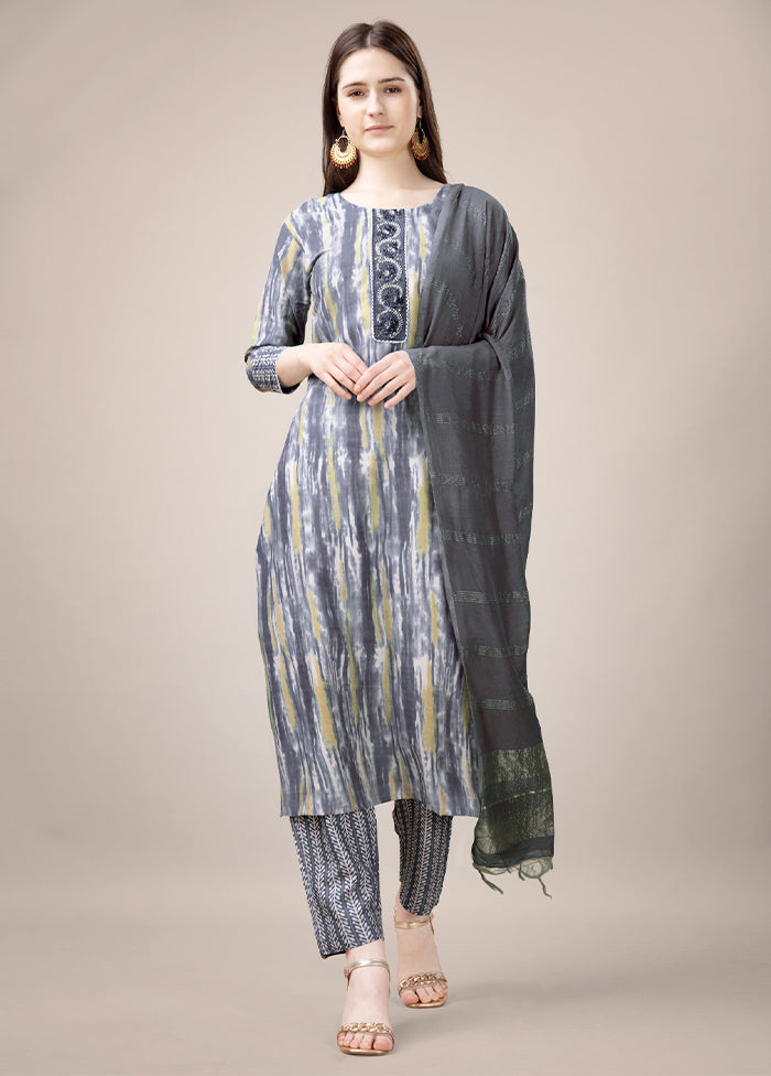 3 Pc Grey Readymade Rayon Suit Set