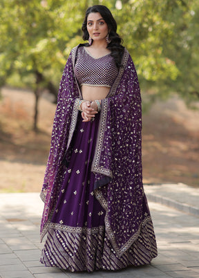 3 Pc Purple Silk Semi Stitched Lehenga Set