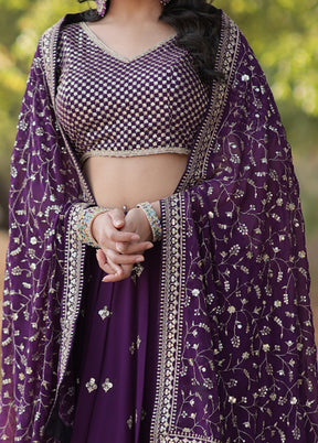 3 Pc Purple Silk Semi Stitched Lehenga Set