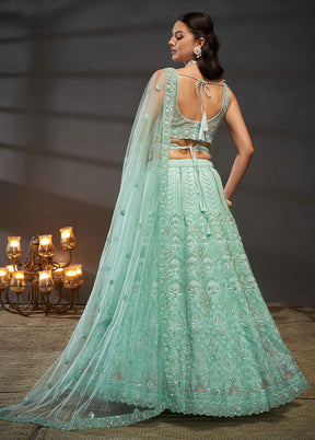 3 Pc Blue Net Semi Stitched Lehenga Set