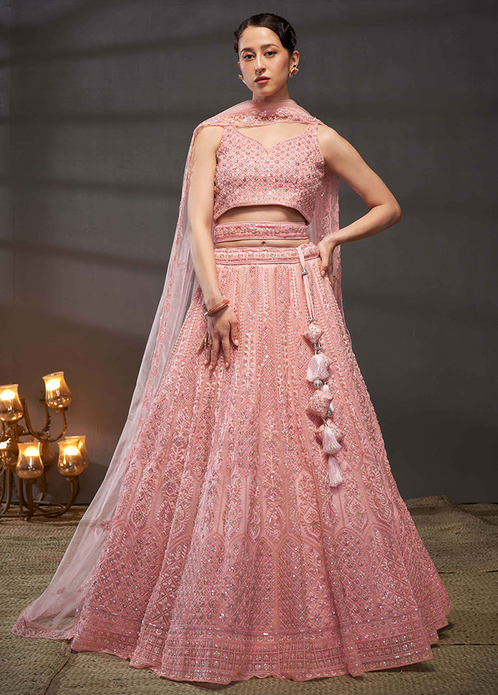 3 Pc Pink Net Semi Stitched Lehenga Set