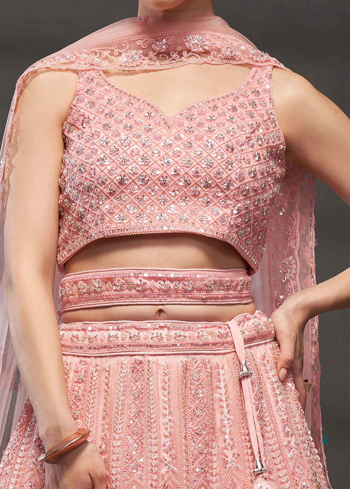 3 Pc Pink Net Semi Stitched Lehenga Set