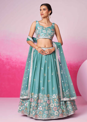 3 Pc Blue Georgette Semi Stitched Lehenga Set