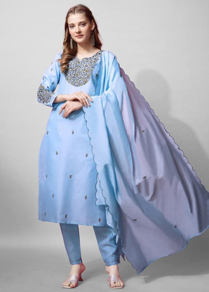 3 Pc Light Blue Readymade Cotton Suit Set