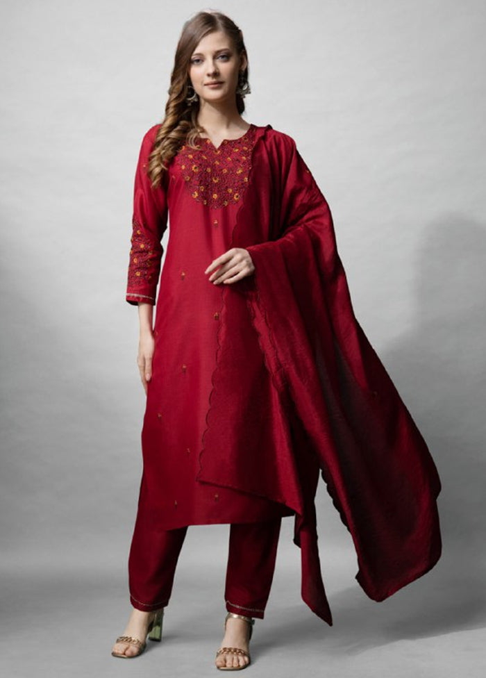 3 Pc Maroon Readymade Cotton Suit Set