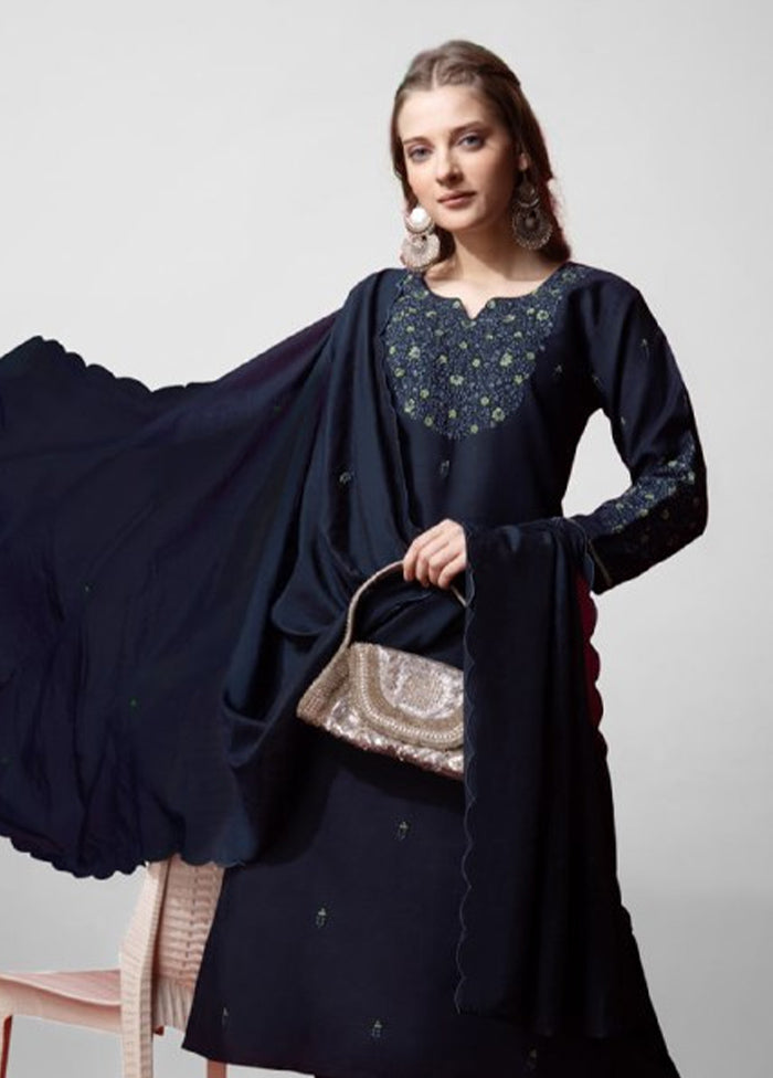 3 Pc Navy Blue Readymade Cotton Suit Set