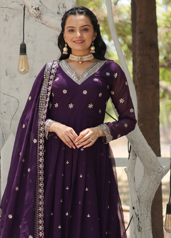 Purple Readymade Silk Dupatta Indian Dress