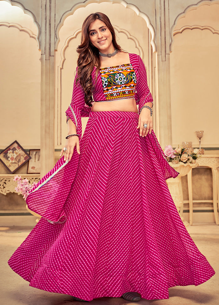 3 Pc Rani Pink Georgette Semi Stitched Lehenga Set