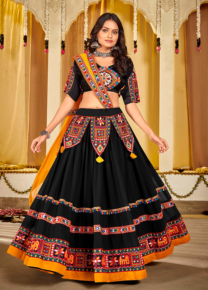 3 Pc Black Georgette Semi Stitched Lehenga Set