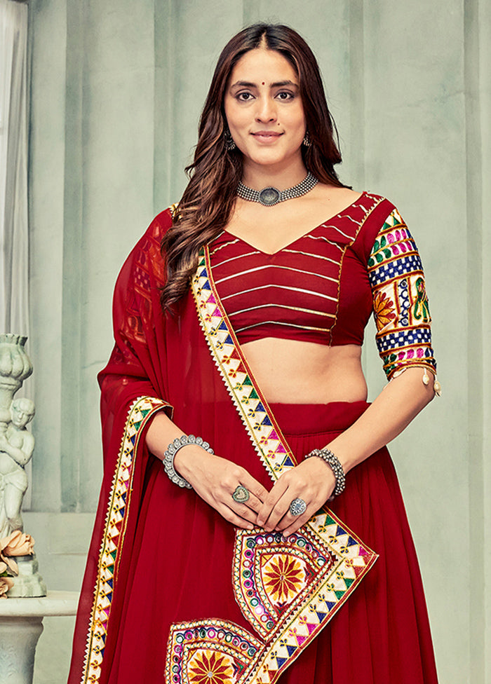 3 Pc Maroon Georgette Semi Stitched Lehenga Set