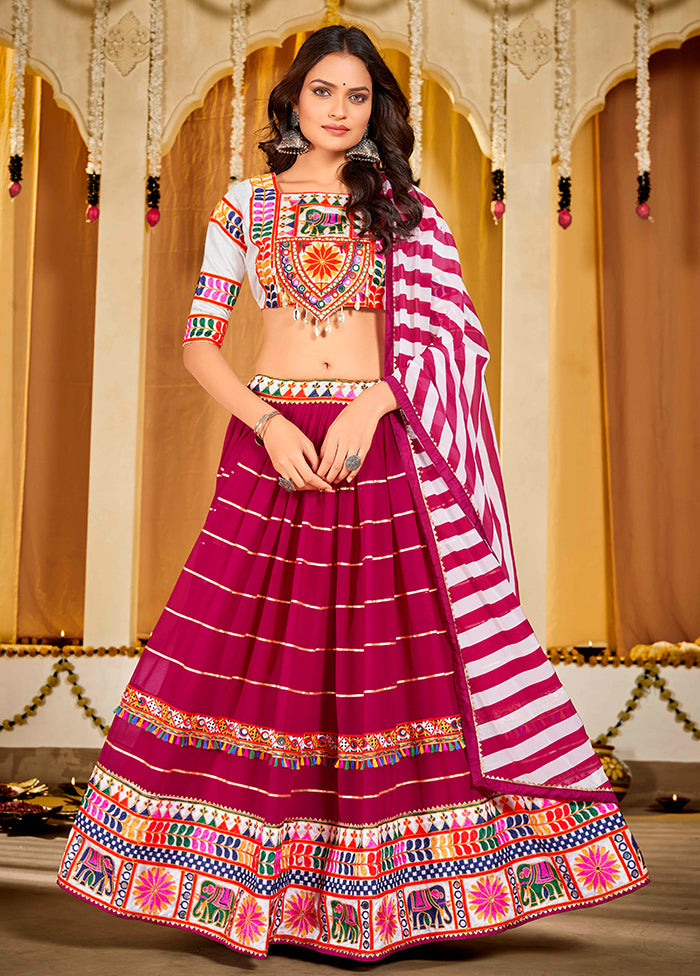 3 Pc Pink Semi Stitched Lehenga Set