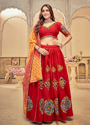 3 Pc Maroon Cotton Semi Stitched Lehenga Set