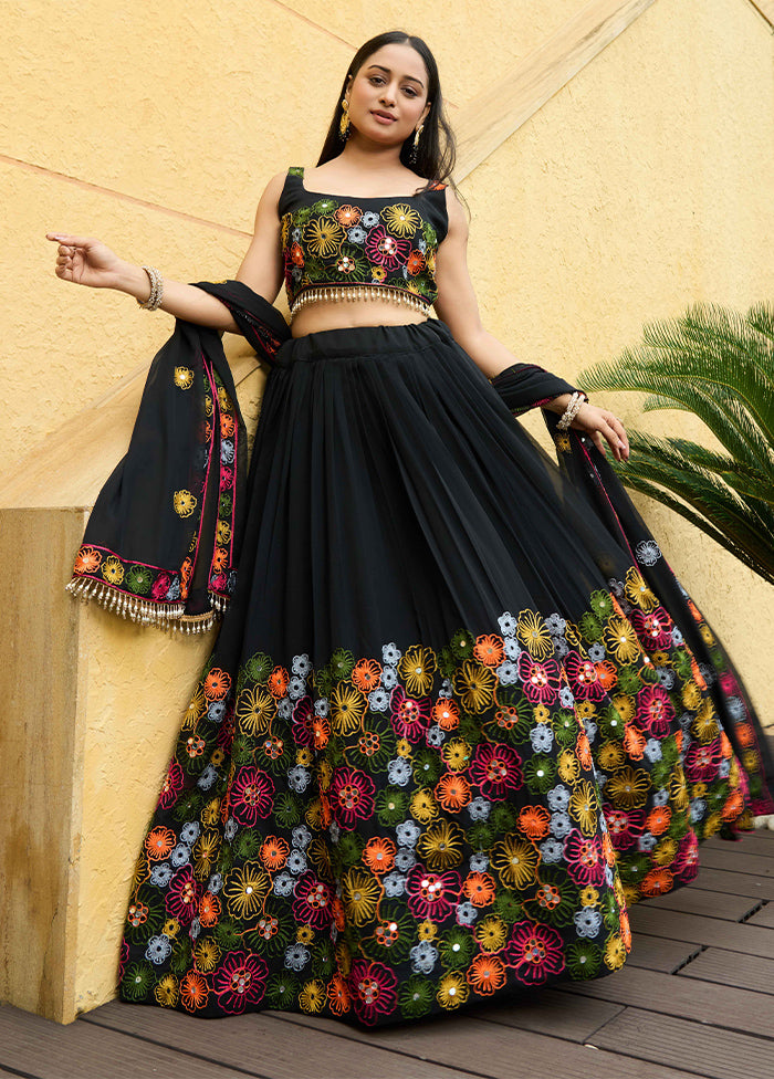 3 Pc Black Georgette Semi Stitched Lehenga Set