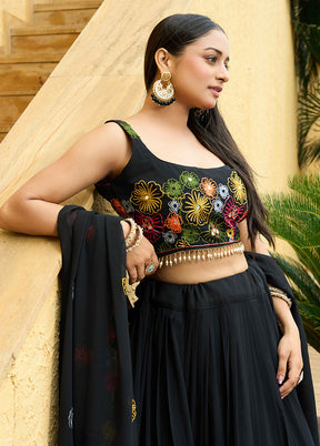 3 Pc Black Georgette Semi Stitched Lehenga Set