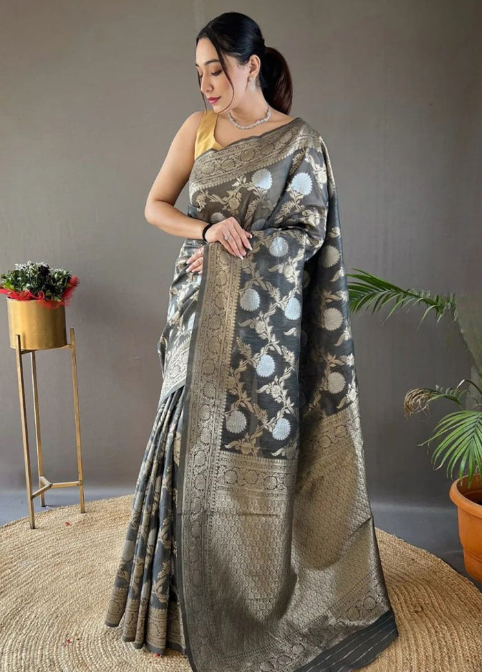 Grey Banarasi Silk Saree With Blouse Piece