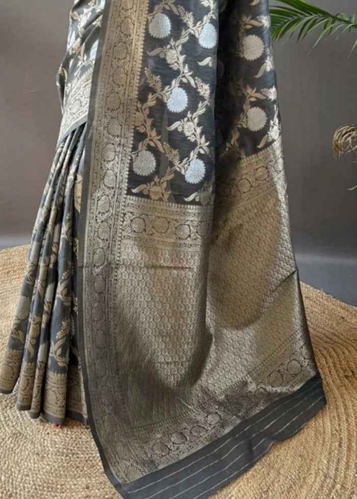 Grey Banarasi Silk Saree With Blouse Piece